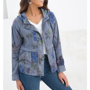 CHICO'S Blossom-Print Hooded Jacket Full Zip Lightweight Floral Blue Size Small